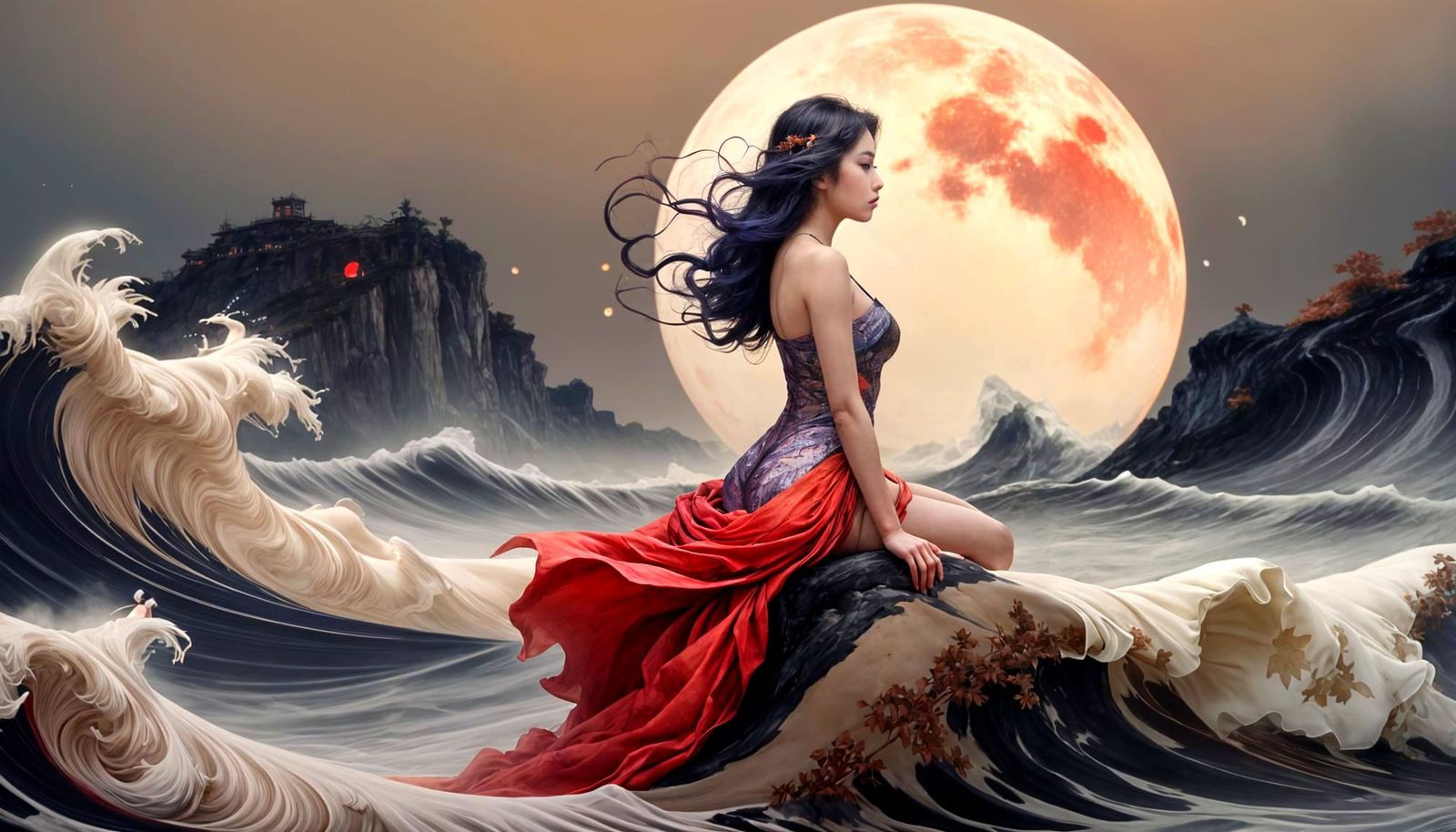 Ethereal Lady on Crescent Moon, Soft Focus Fine Art Painting