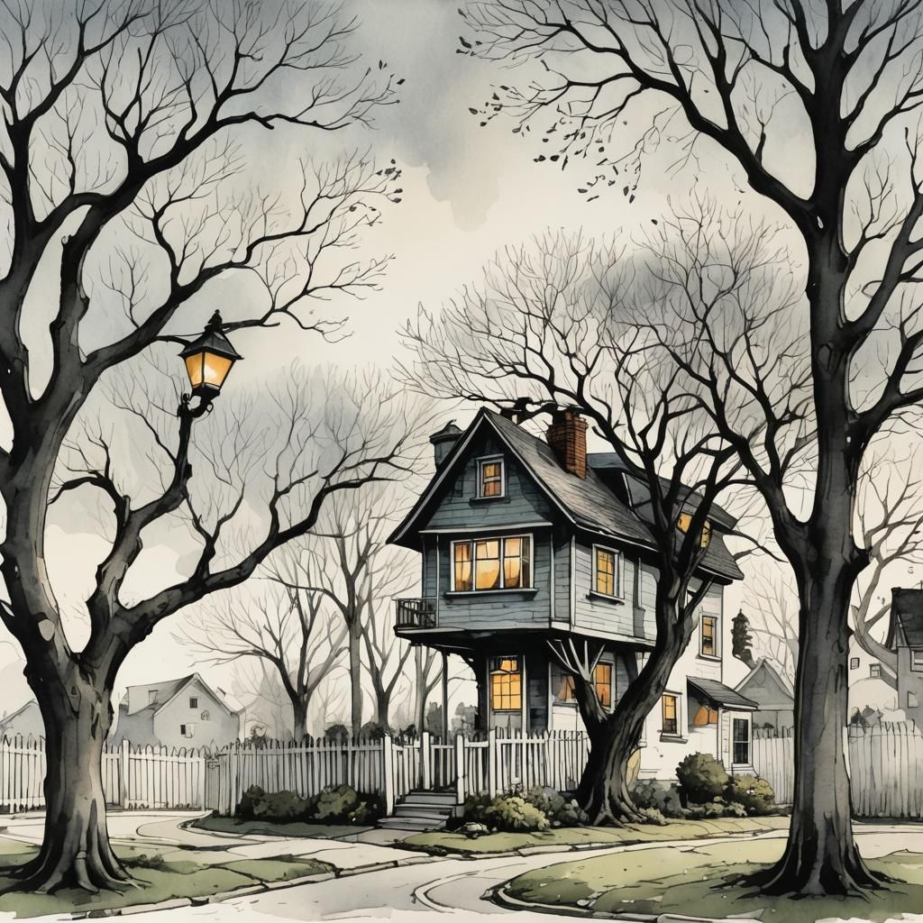 Whimsical Urban Scene in Detailed Ink Painting Style