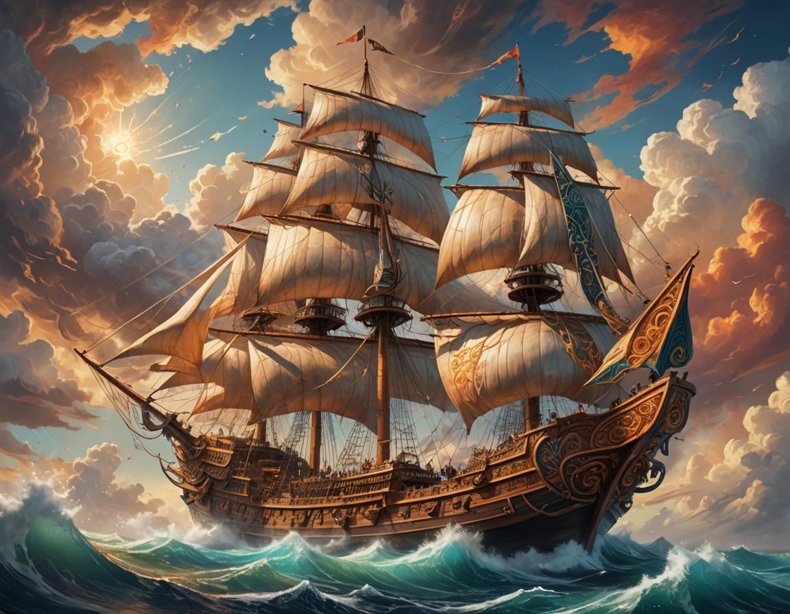Majestic Ship Sailing Through Clouds in Fantasy Illustration