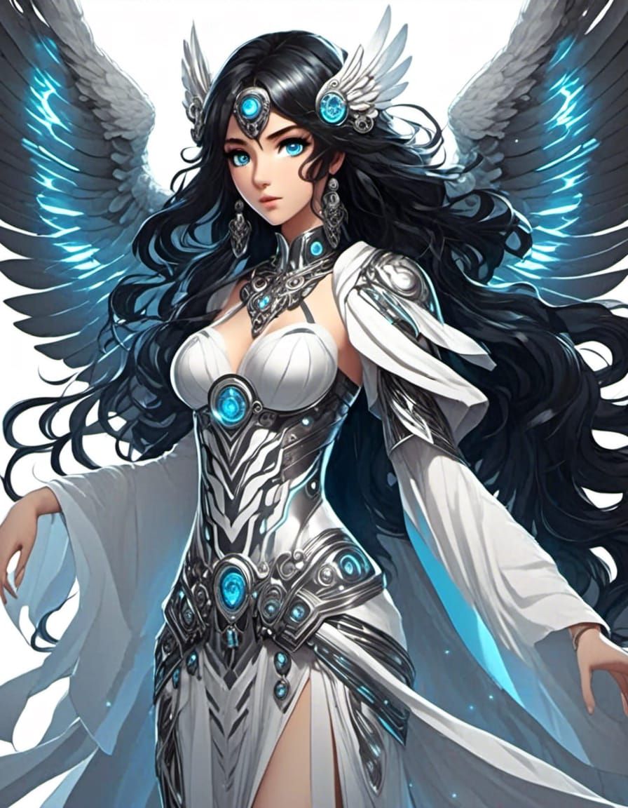 Anime Goddess, flowing Black hair, silver blue eyes, iridescent bone white angel wings, black & gray with steel accented...