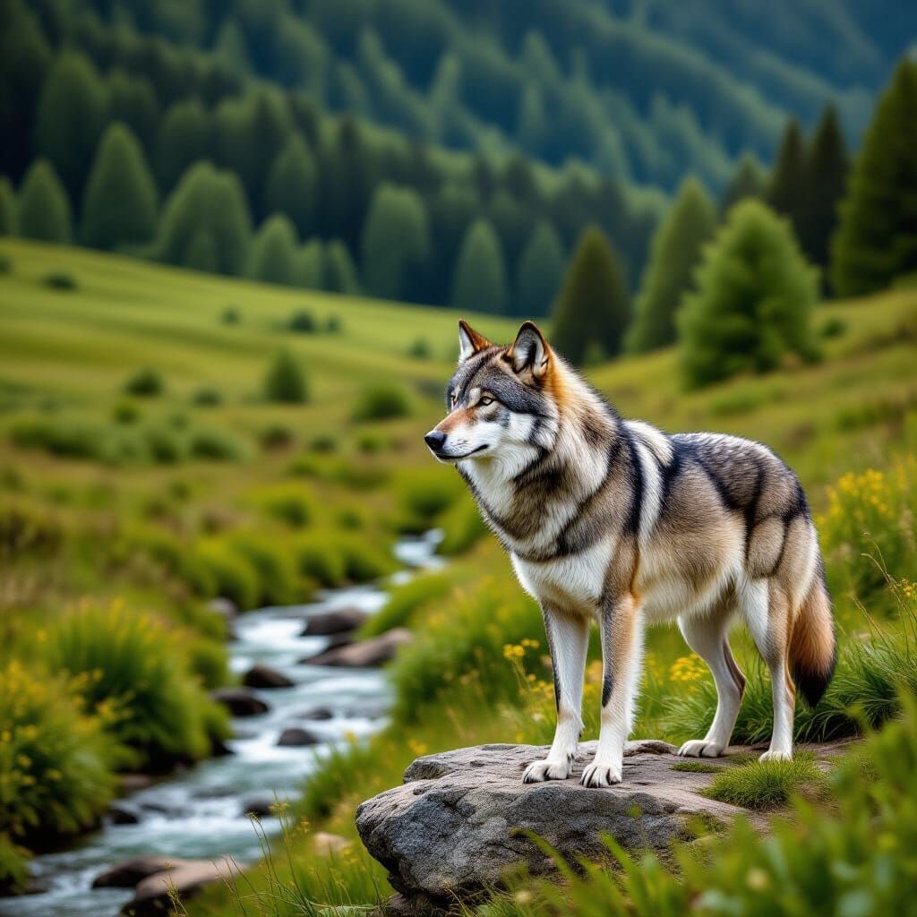 Majestic Wolf on Rocky Ledge Overlooking Countryside