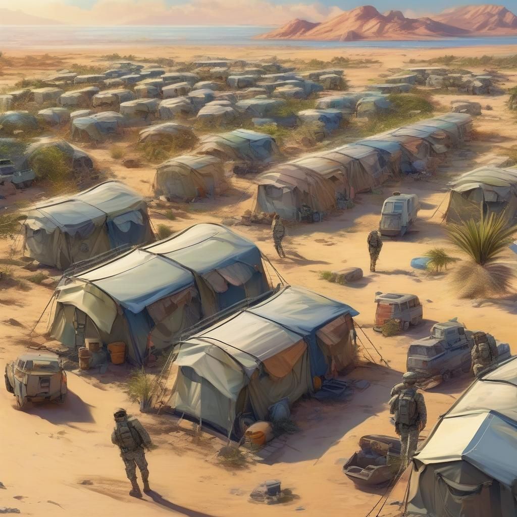 Hyperrealistic Military Camp on Desert Island