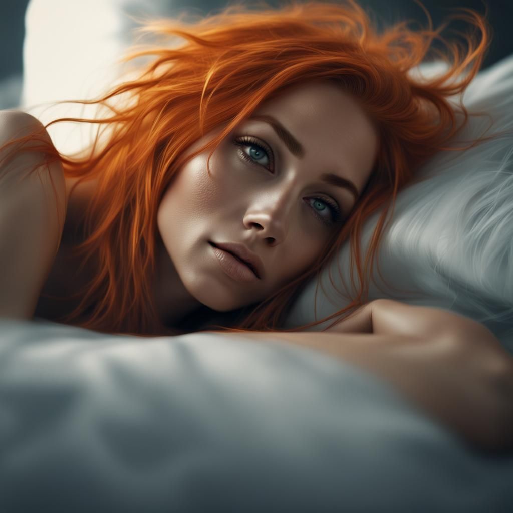 Beautiful Woman with Orange Hair on Bed