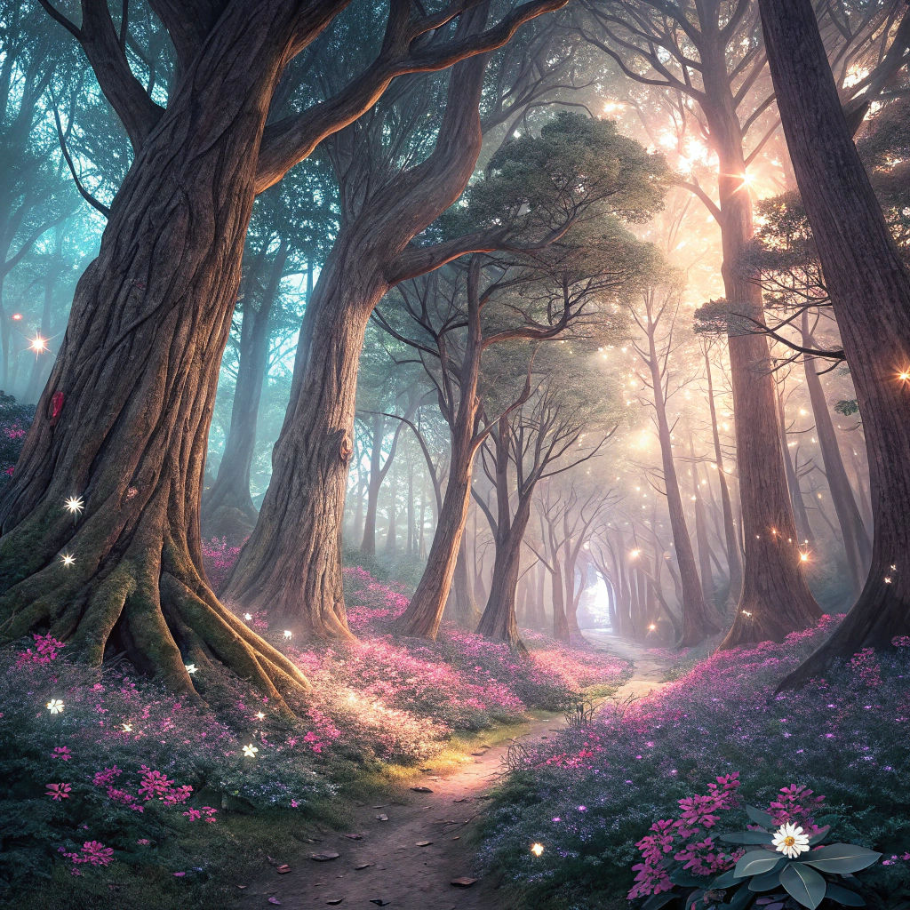 Enchanted Fantasy Forest with Glowing Mushrooms in Digital A...