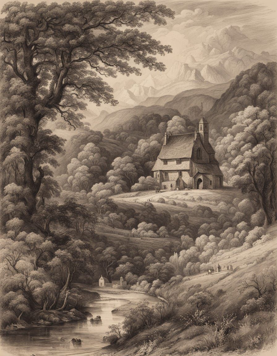 English Countryside Church in Charcoal Drawing Style