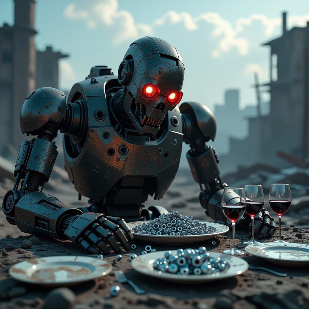 Colossal Robot Feasts in Wasteland, Grim Apocalypse Style