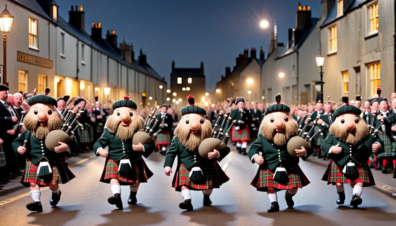 Toy Haggis Leads Bagpipe Parade at Night