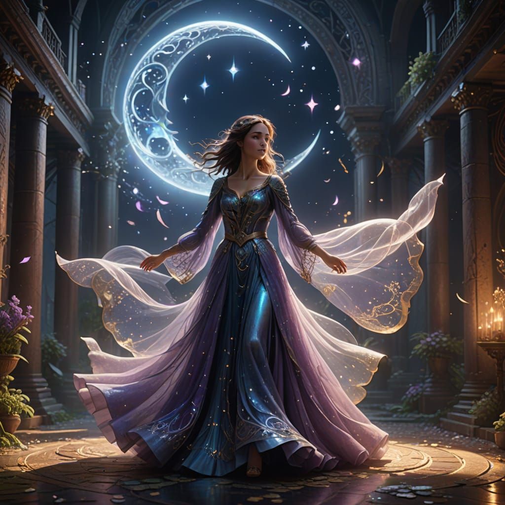 Ethereal Fantasy Dancer Under Crescent Moon