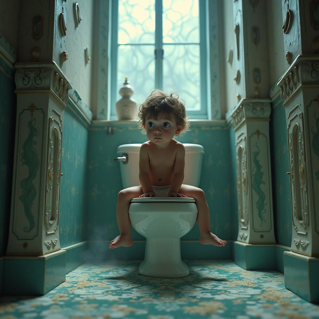 Mystical Victorian Bathroom Scene with Toddler on Toilet