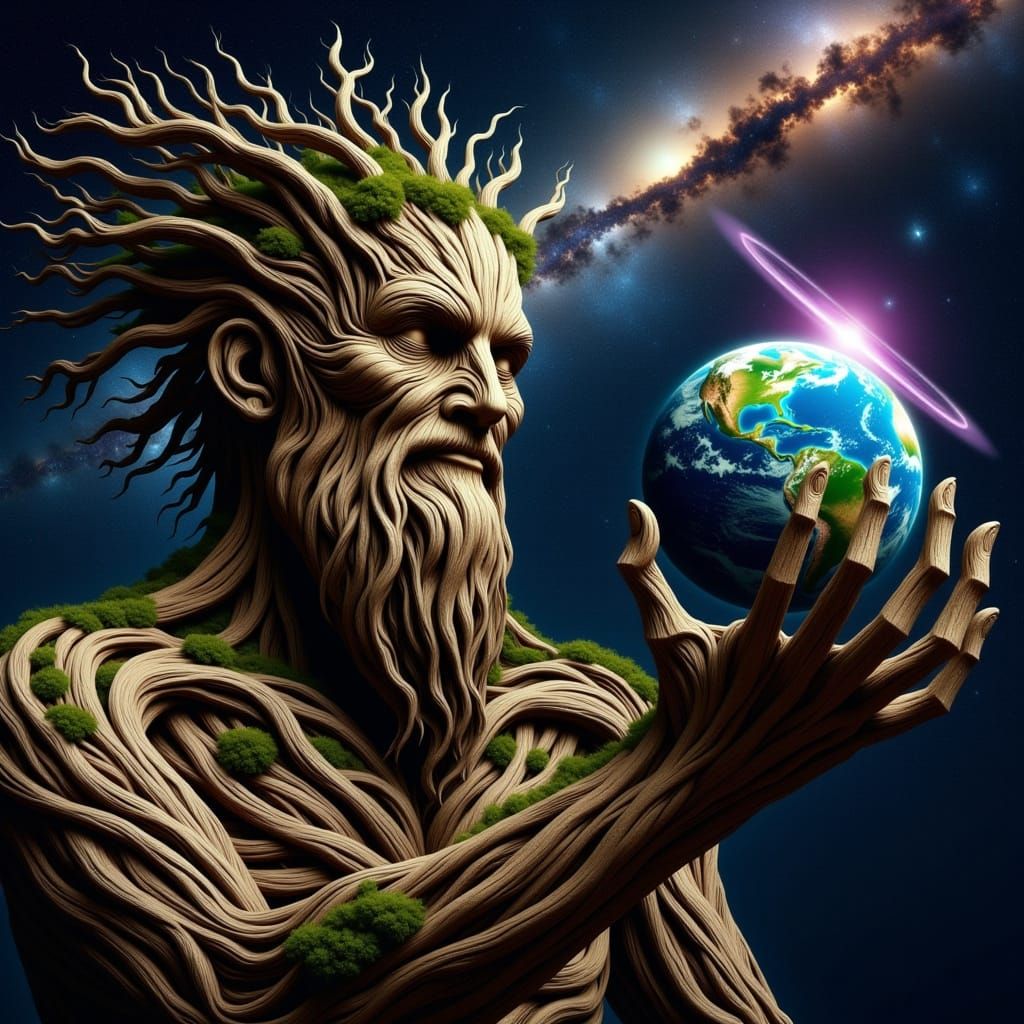 Celestial Wood God Holds Earth in Hand in Fantastical Space