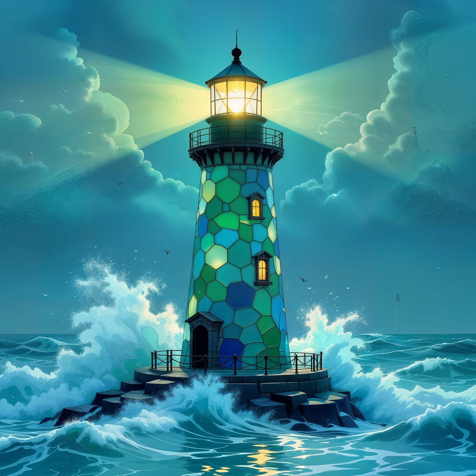 Sea Glass Lighthouse Sculpture in Vibrant Coastal Fantasy St...