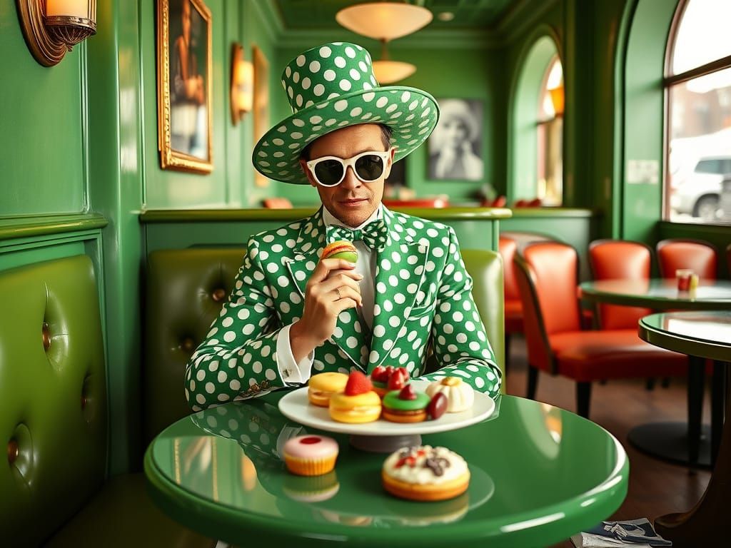 Elegant Green Café Scene in High Fashion Style