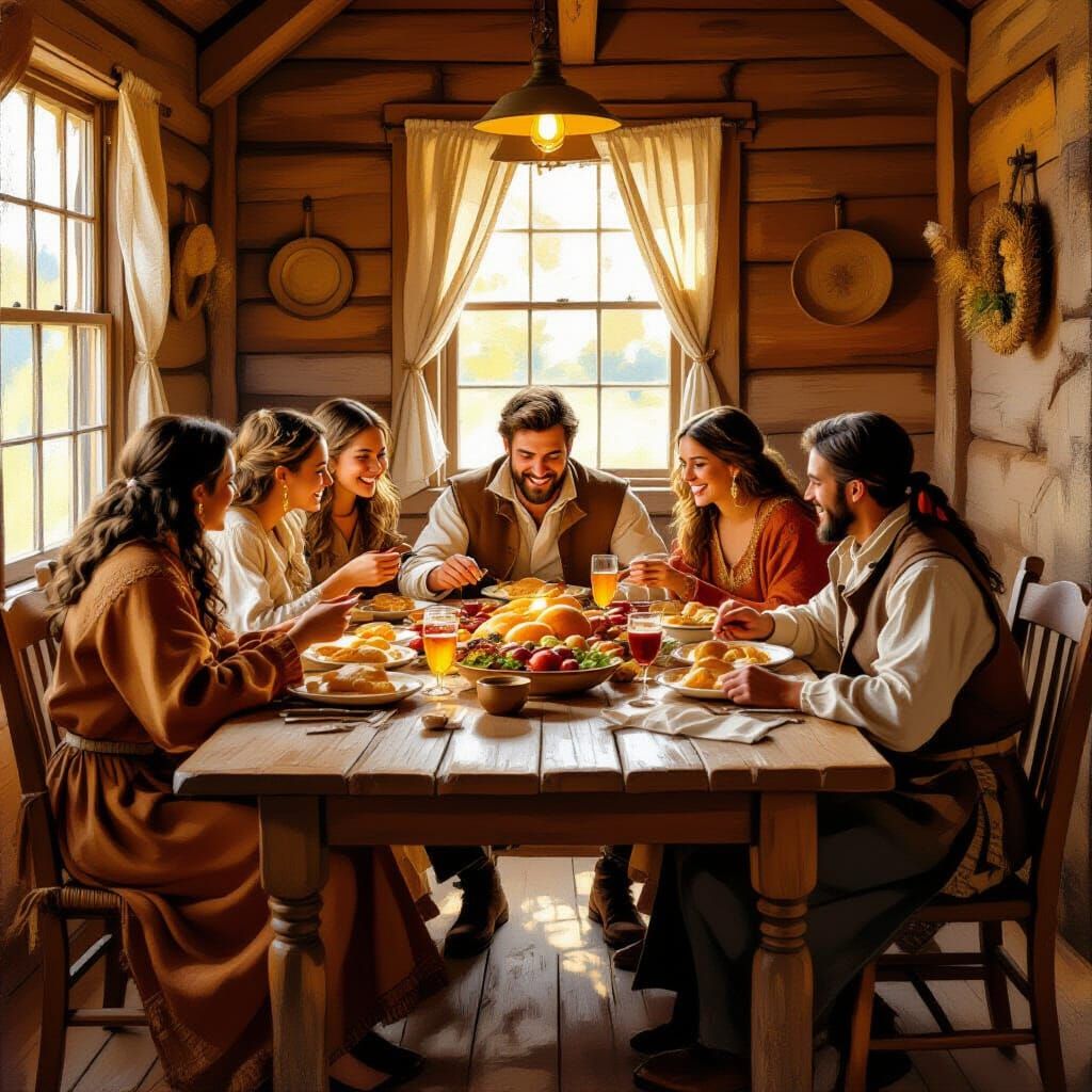 Pilgrims and Native Americans Feast in Impressionist Style