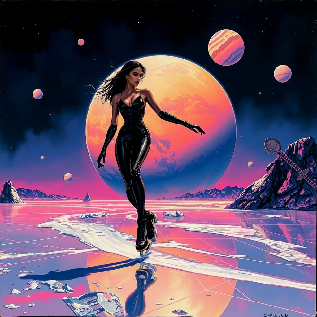 Woman Skating on Pluto in Retrofuturistic Oil Painting