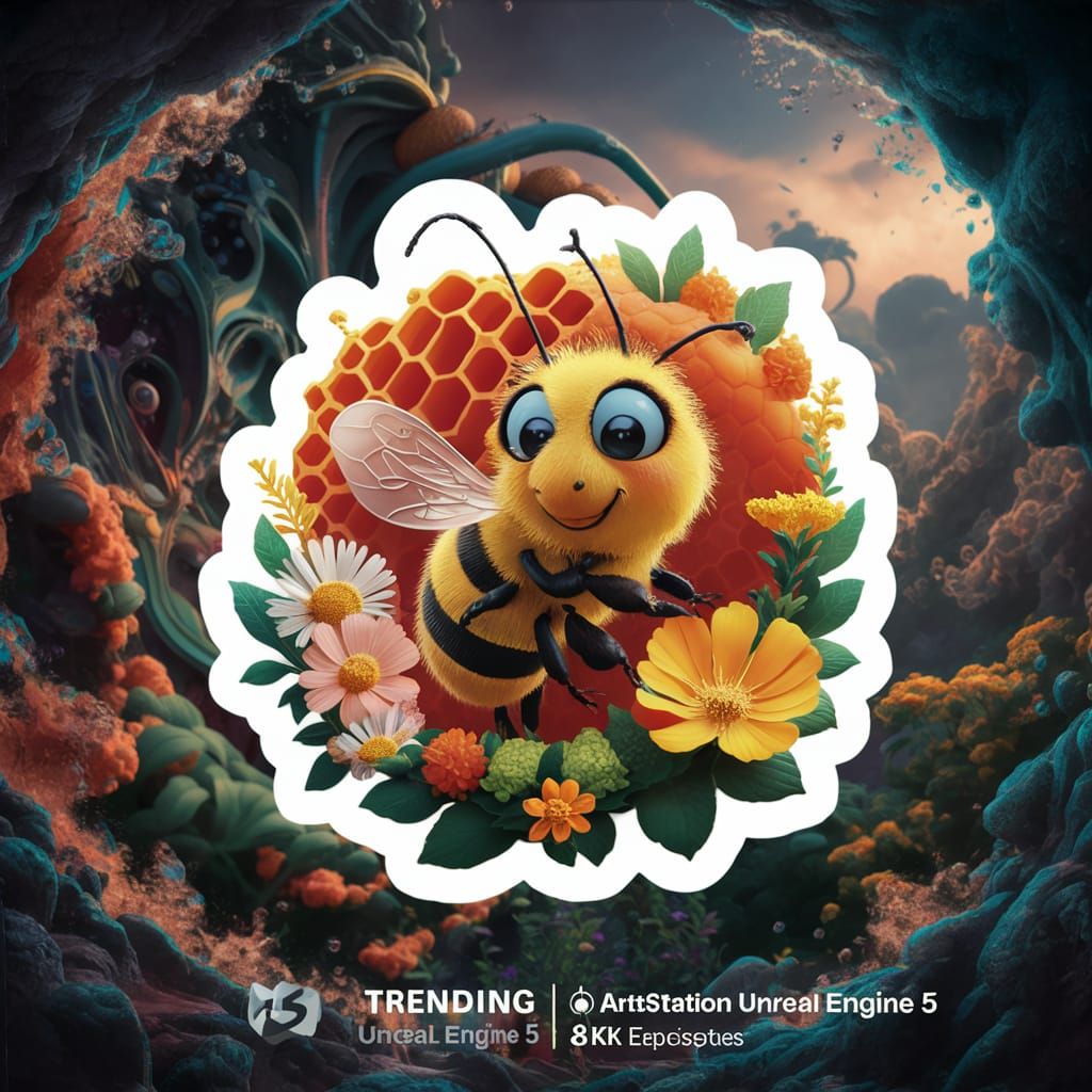 Cheerful Bee Sticker with Flowers and Honeycombs