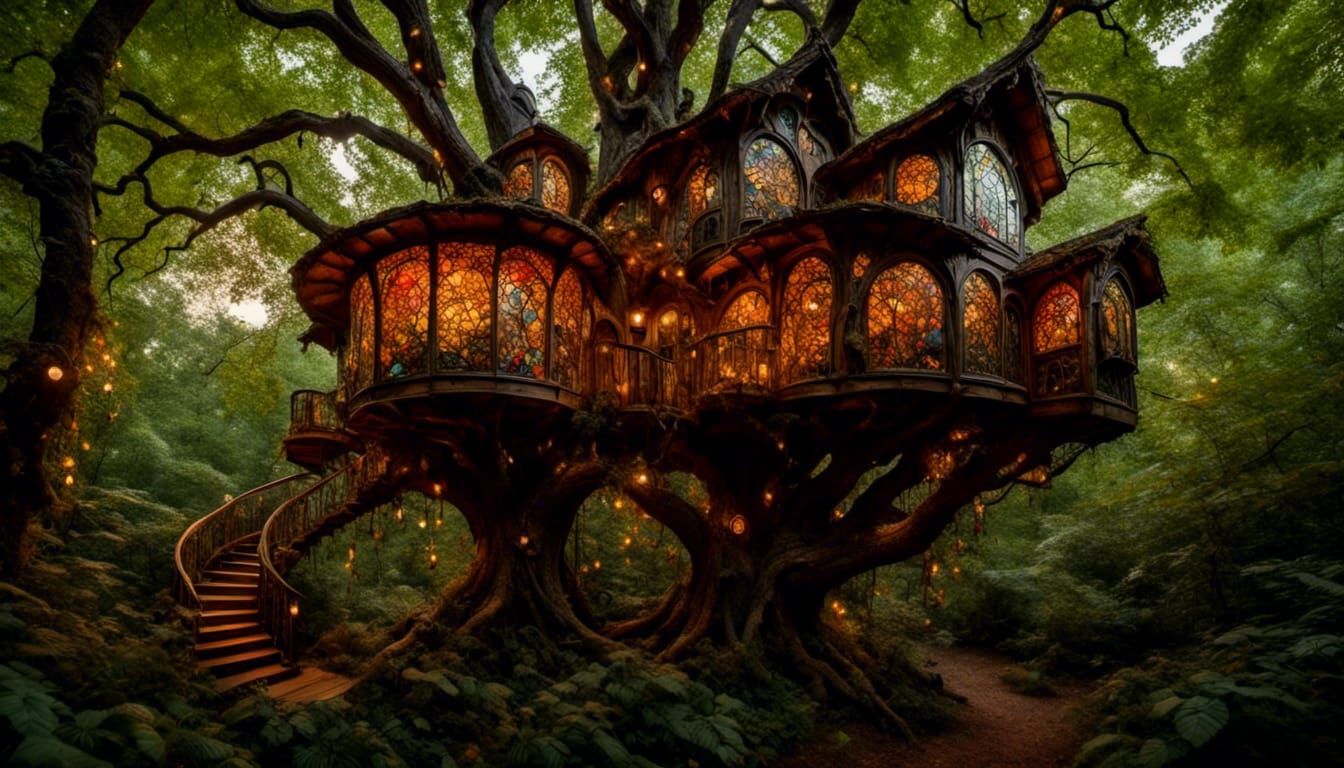 Enchanted Treehouse with Stained Glass in Fall