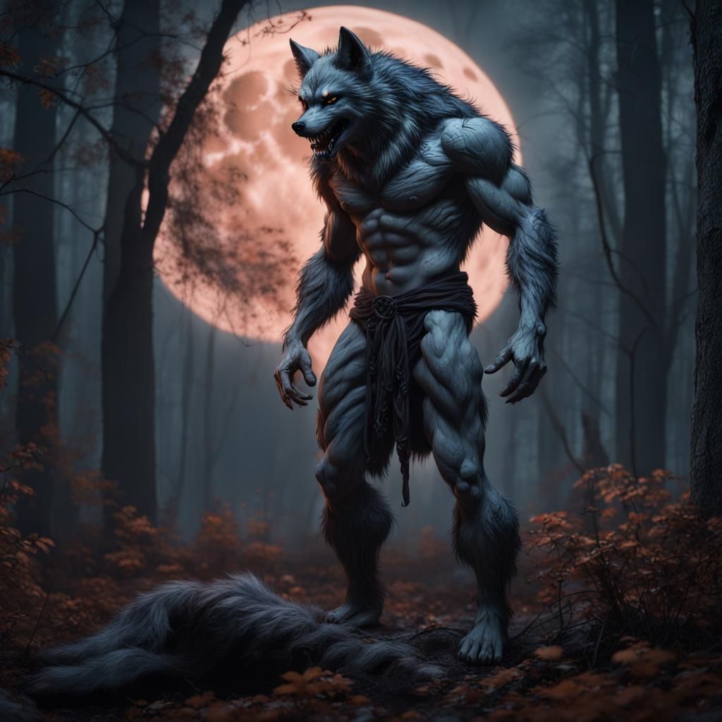Werewolf Transformation in Gothic Forest Painting