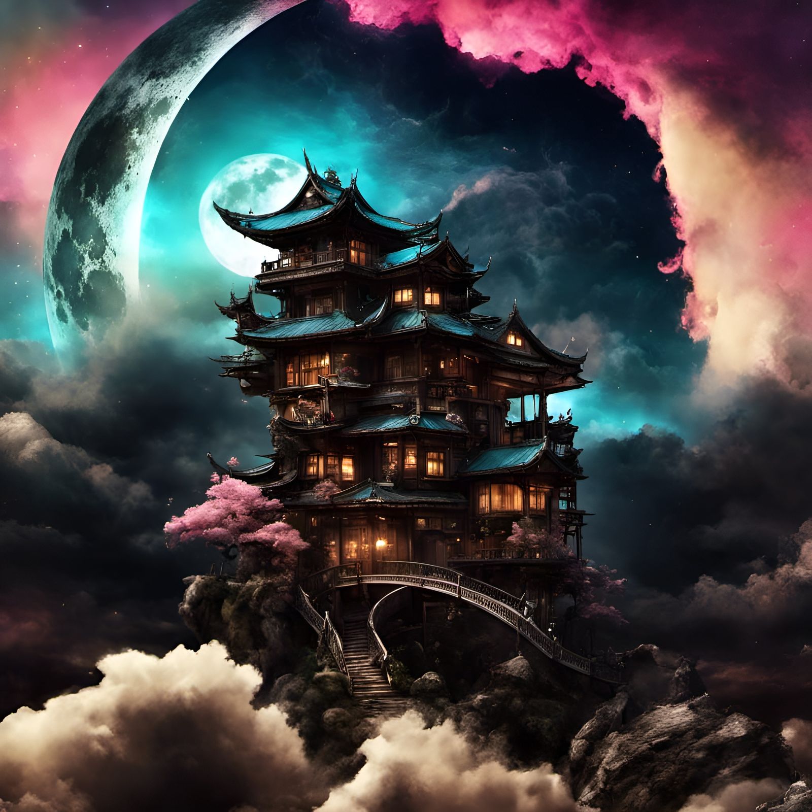 Fantasy Bonsai Mansion Village in Steampunk Style