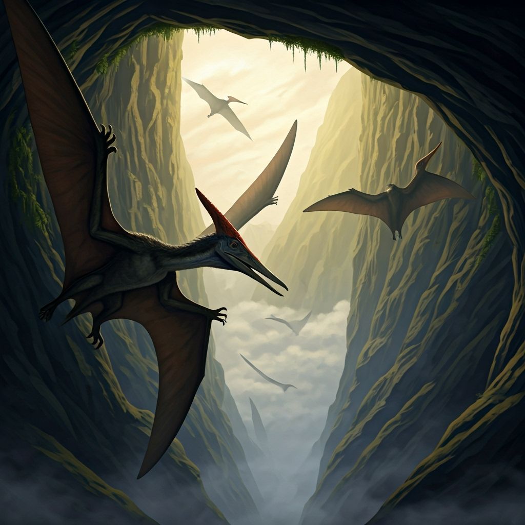 Pterosaurs in Flight: A Dark Surreal Scene