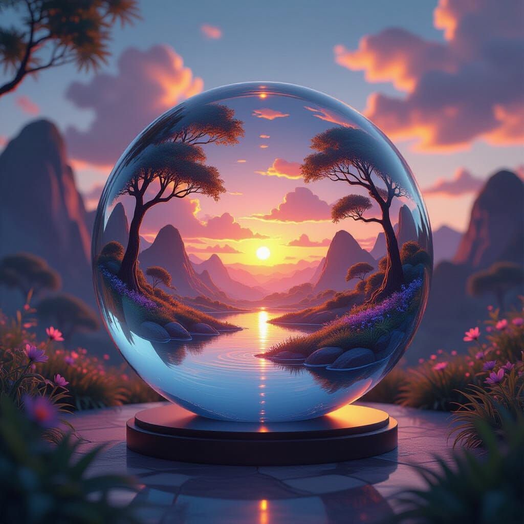 Fantasy World Landscape Inside Glass Sphere