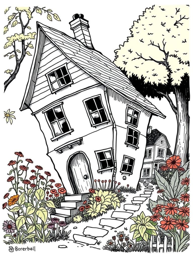 Whimsical Crooked House in Playful Line Drawing
