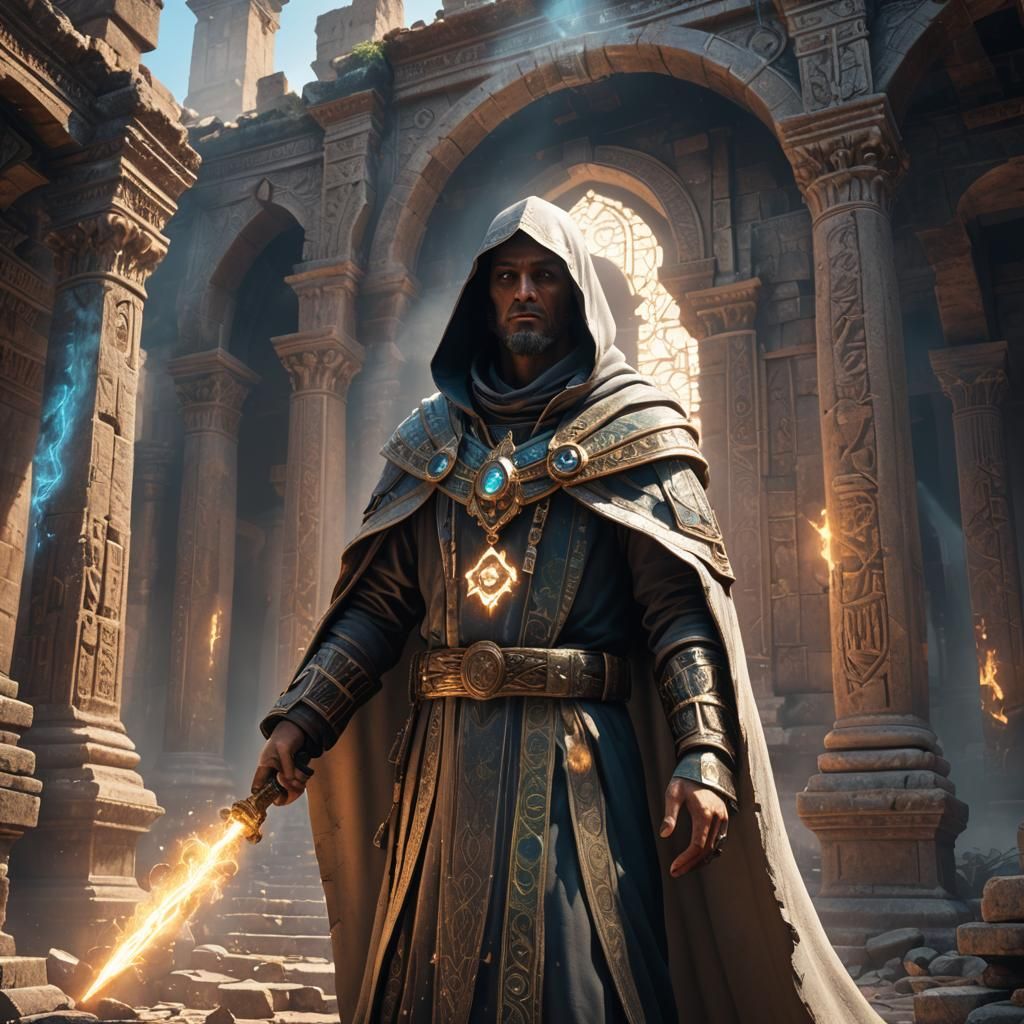 Priest in Ruins: 3D Rendered Digital Art