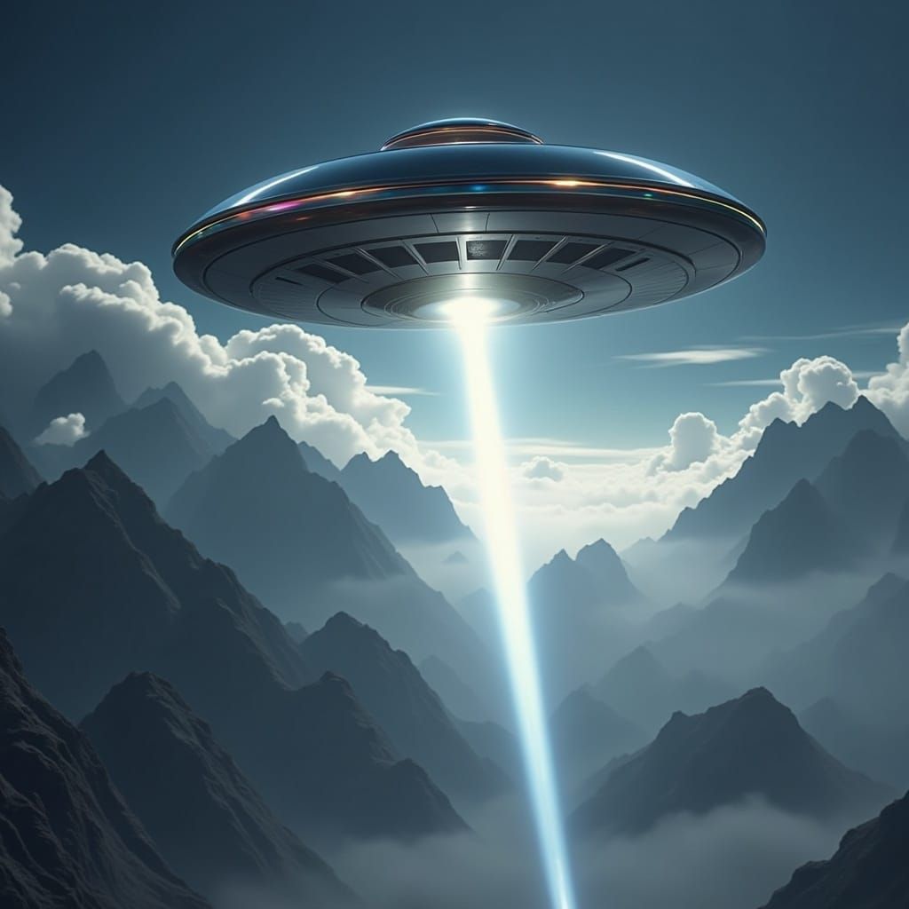 Sleek Metallic Flying Saucer in Mysterious Mountain Landscap...