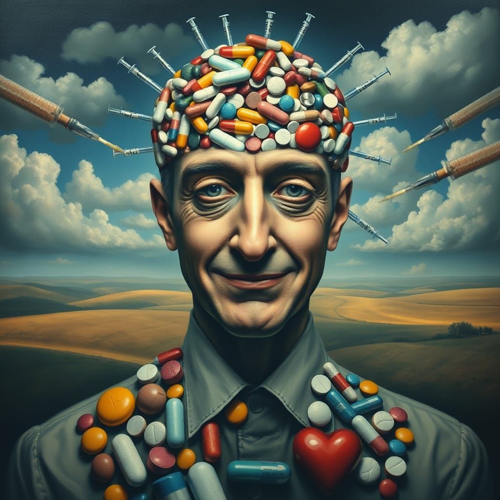Man Composed of Pills, Tablets, and Capsules in a Surreal La...