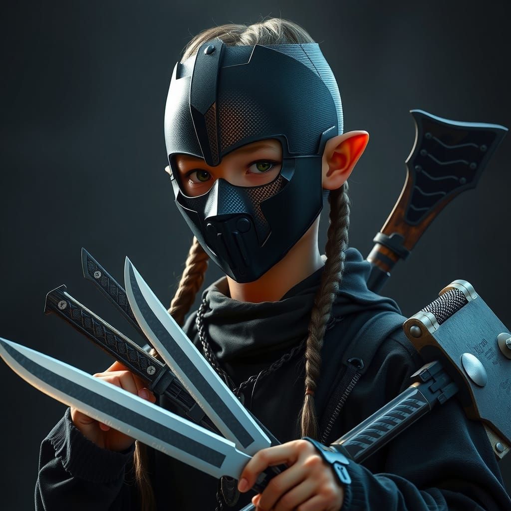 Boy with Mask Wielding Weapons in Futuristic Style