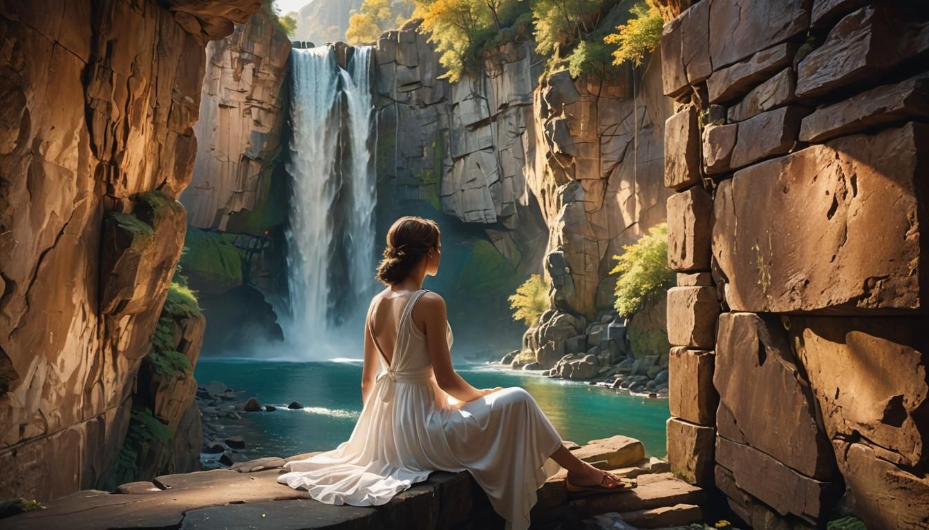 Ethereal Cave Landscape with Waterfall in Fantasy Style
