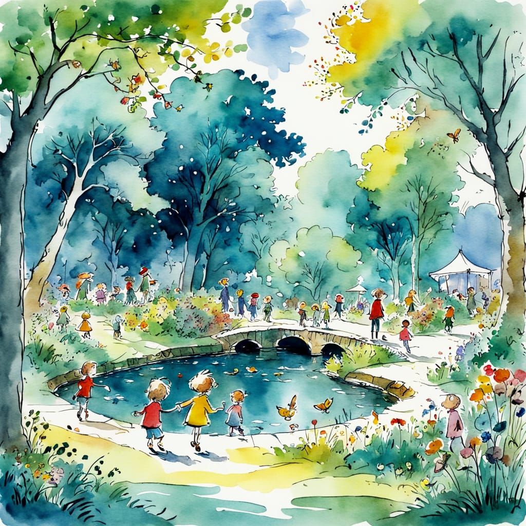 Charming Park Illustration in Quentin Blake Style