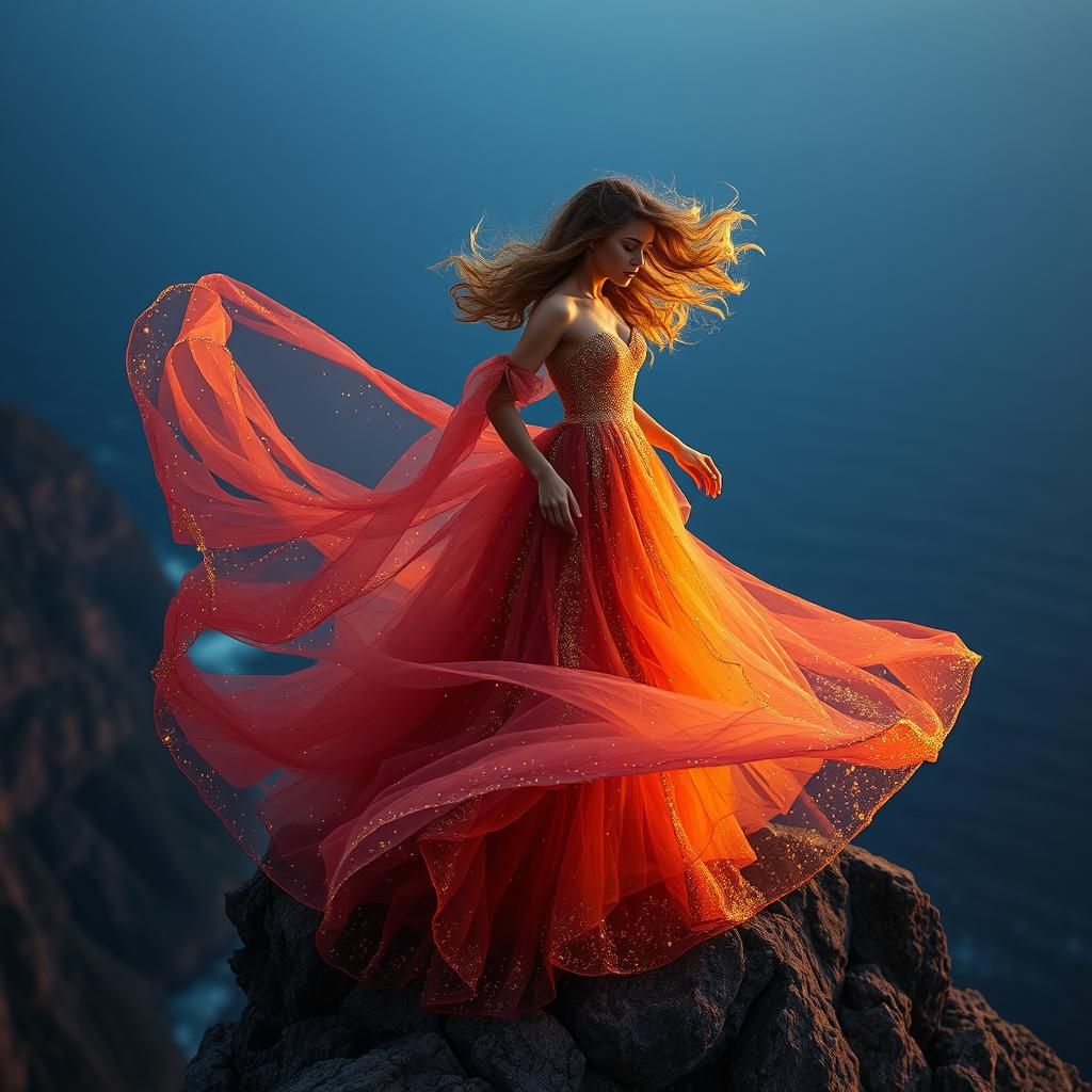 Woman on Cliff in Wind, Golden Glitter Gown