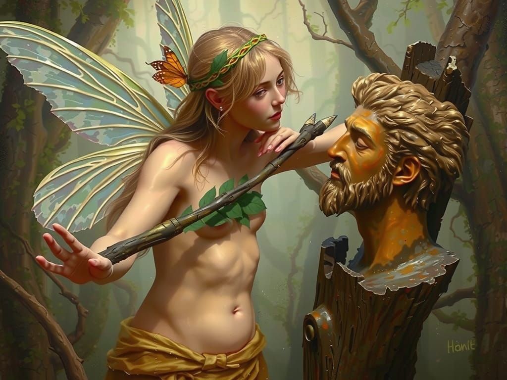 Fairy Woman in Ancient Forest with Stone Head Statue