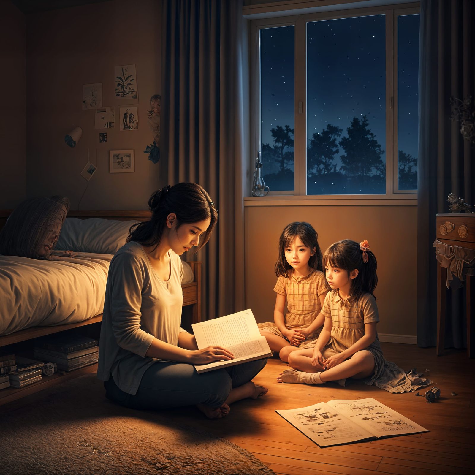 Mother Reading to Daughters: 3D Anime Art