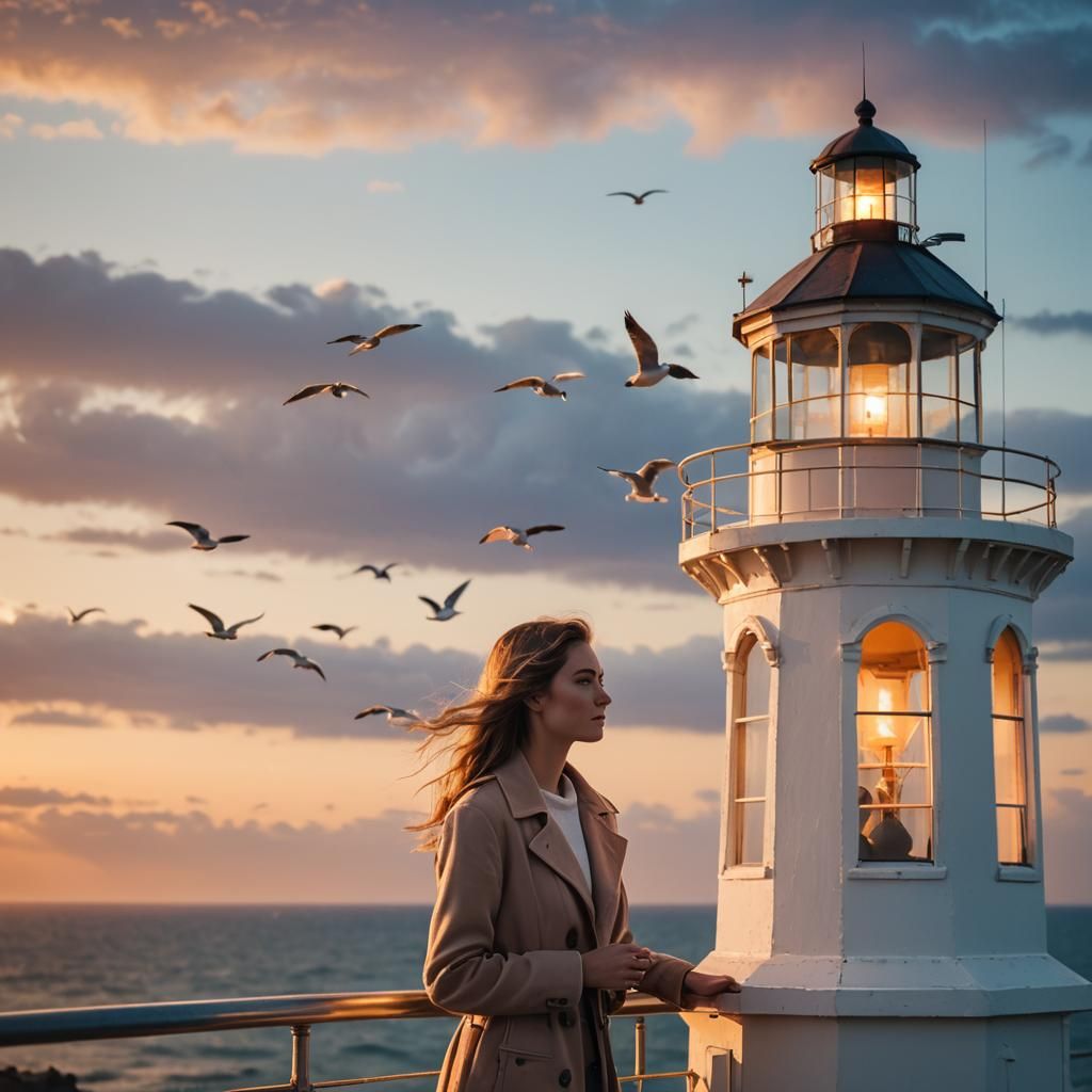 Girl on Lighthouse Balcony at Sunset, Fine-Art Photography
