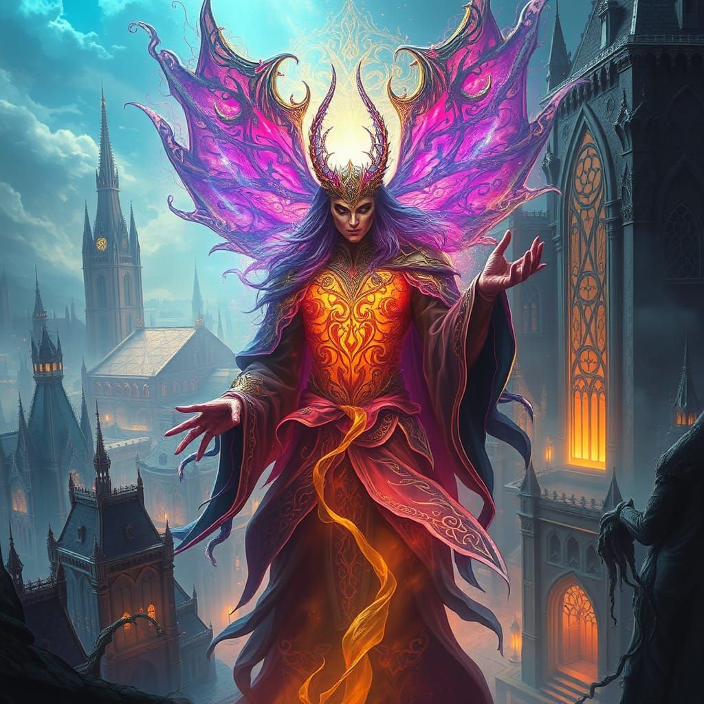 Abraxas in Mystical Cityscape, Digital Art