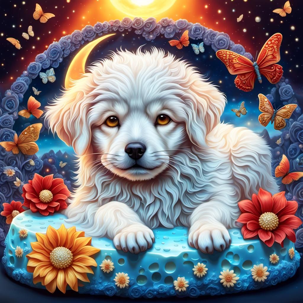 Hyper-Realistic Fluffy Dog Asleep on Cheese Moon