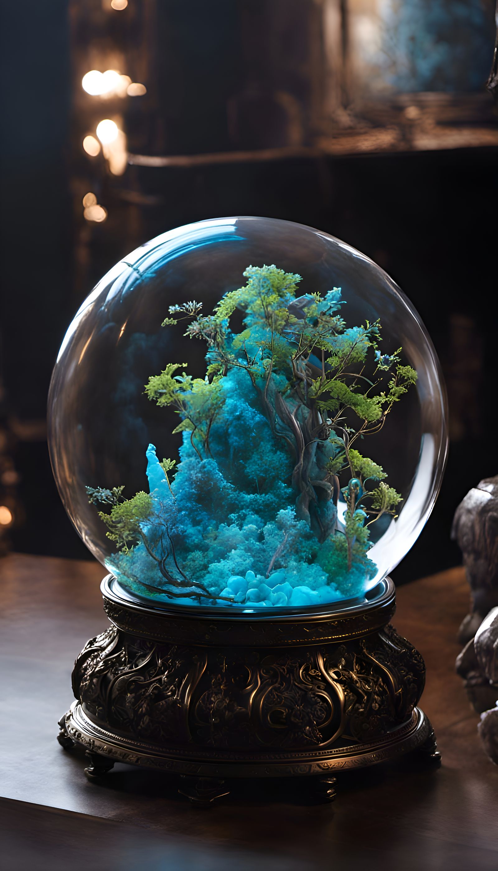 Bioluminescent Terrarium Inside Glass Sphere with Cosmic Ene...