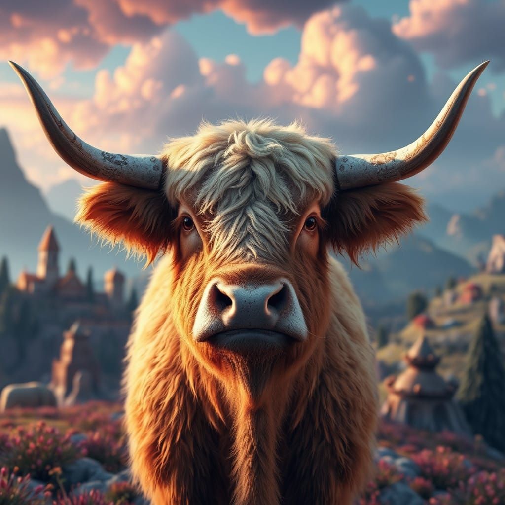 Majestic Longhorn Cow with Dignified Mustache in Dreamlike L...