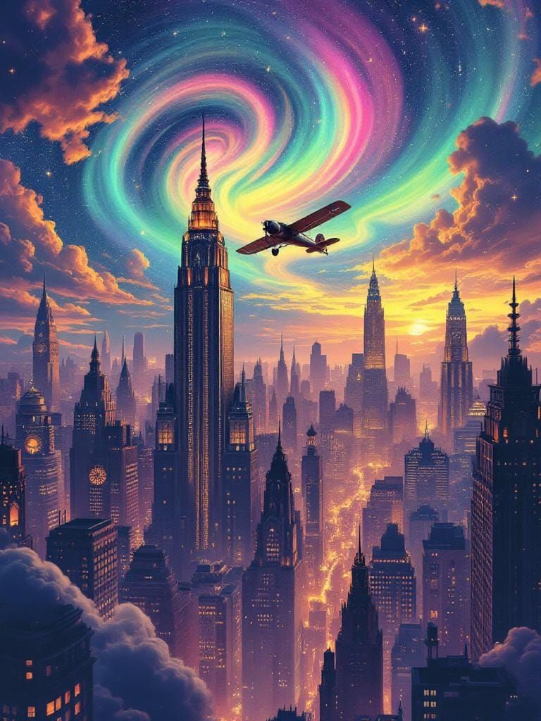 Art Deco Cityscape with Aurora and Biplane