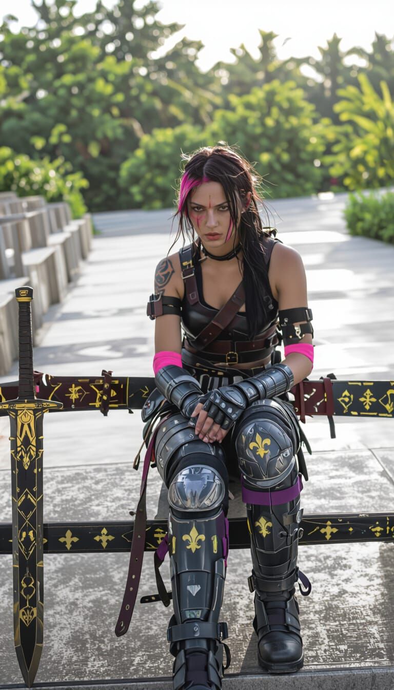 Battle-Worn Warrior Sits on Steps in Comic Book Style