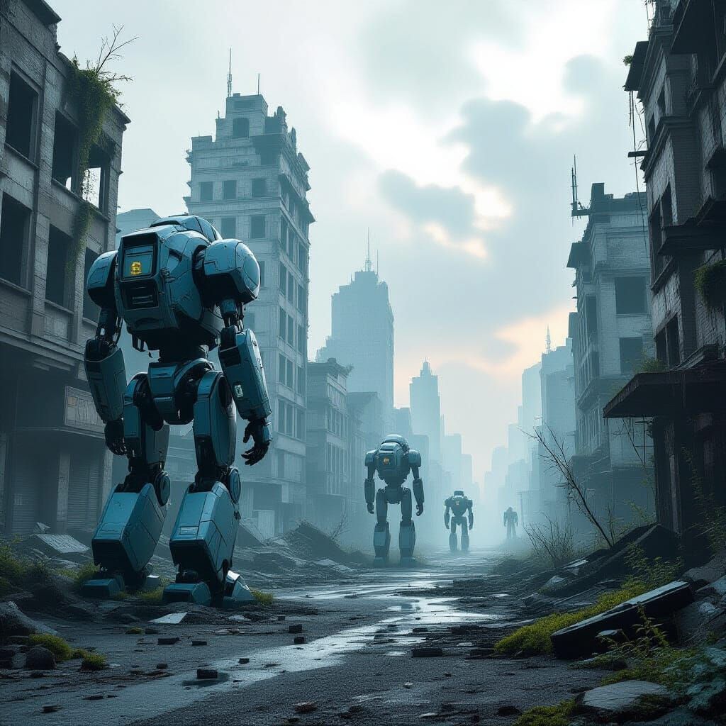 Weathered Robots Guarding Abandoned Art Deco Metropolis