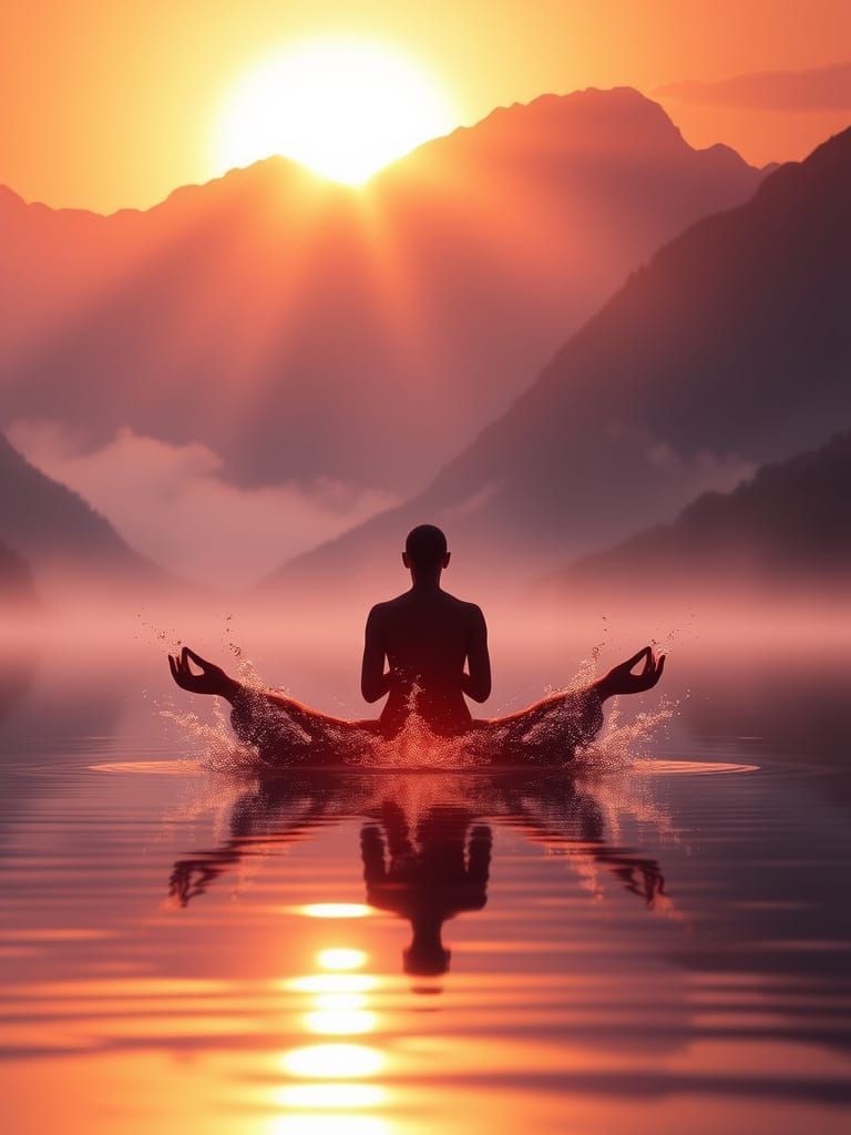 Meditating Woman at Sunrise Over Calm Lake