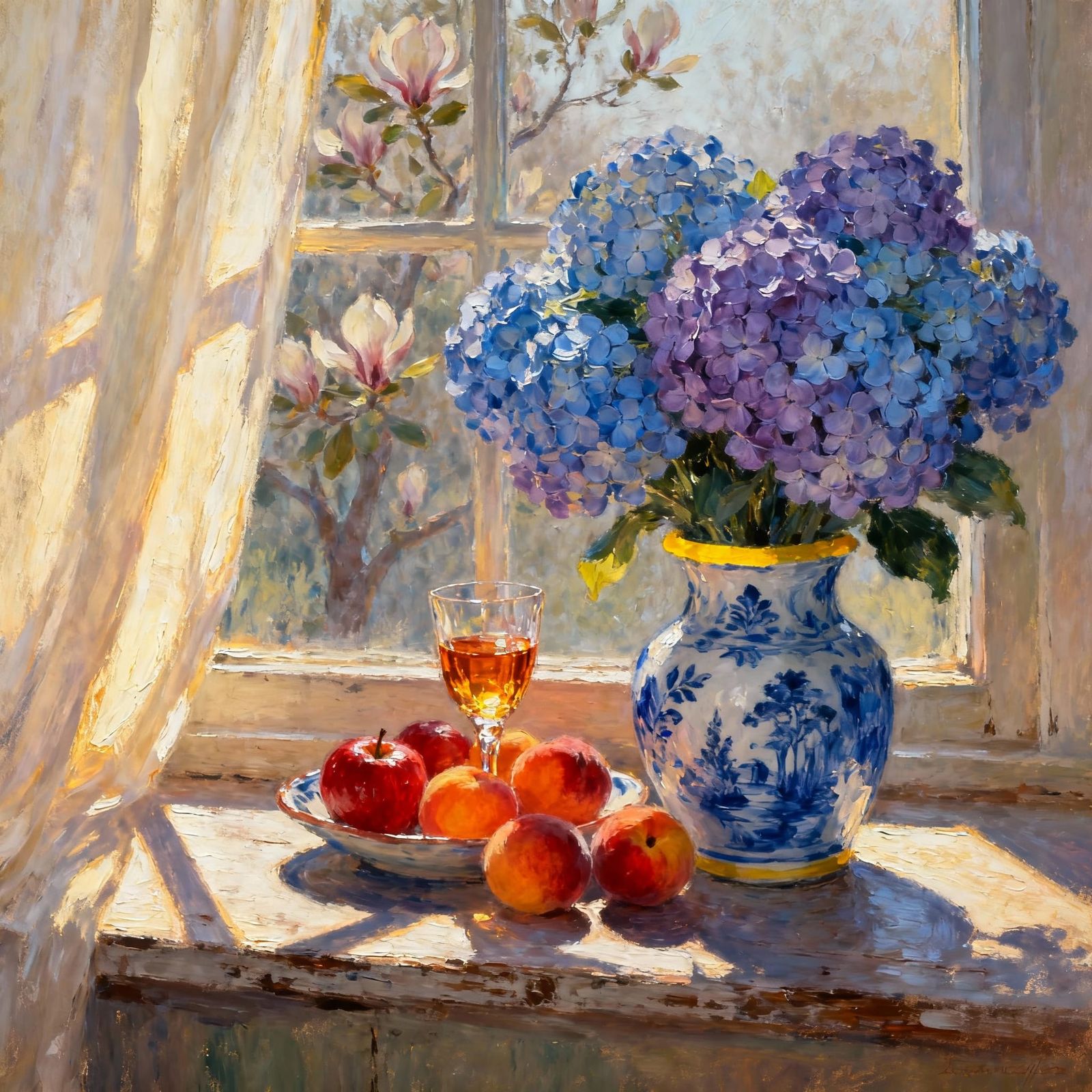 Vibrant Still Life: Flowers, Fruits, and Sunlight by Window