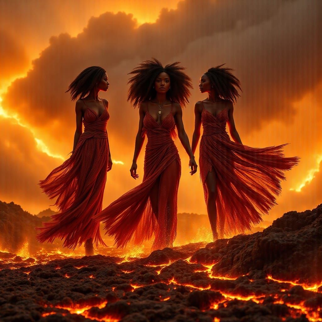 Fiery Goddesses in Apocalyptic Landscape