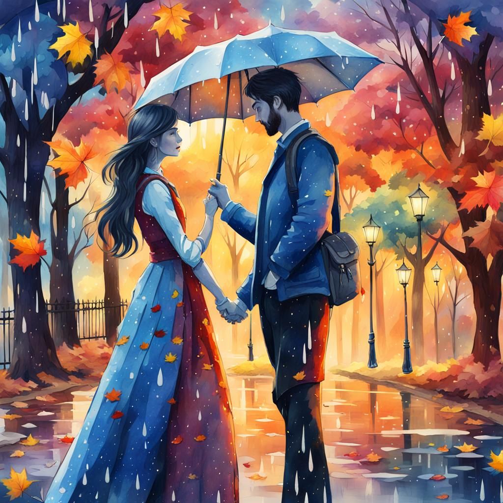 Lovers Share Umbrella: Watercolor Fantasy Art
