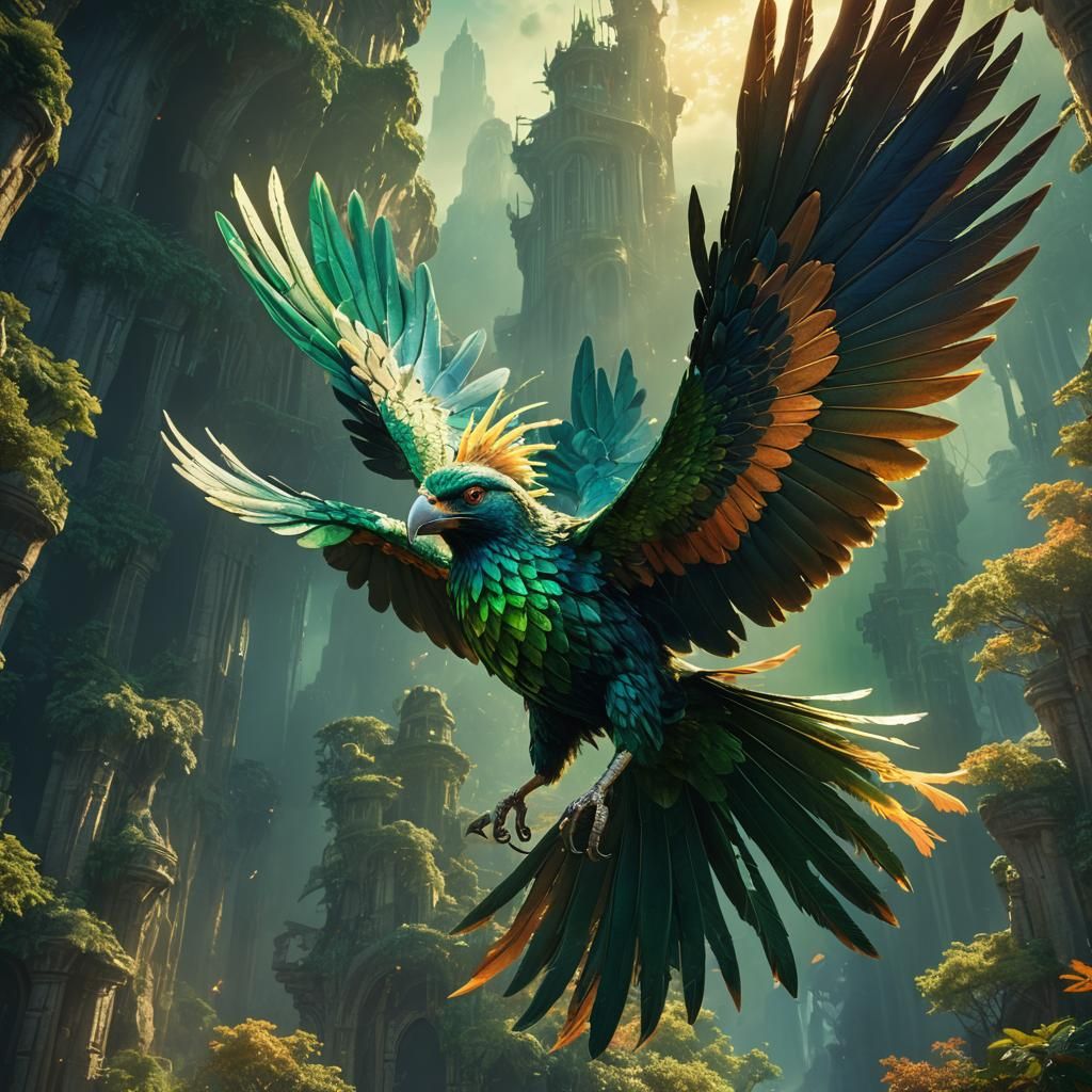 Glowing Giant Green Bird in High-Fantasy Style