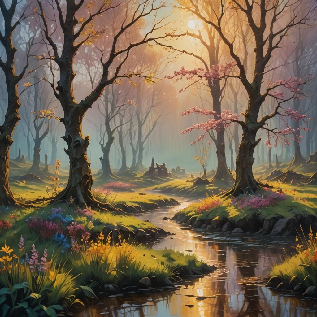 Vibrant Oil Painting of a Fantastical Spring Scene