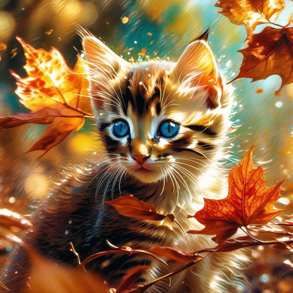 Delicate Kitten Playing in October Leaves