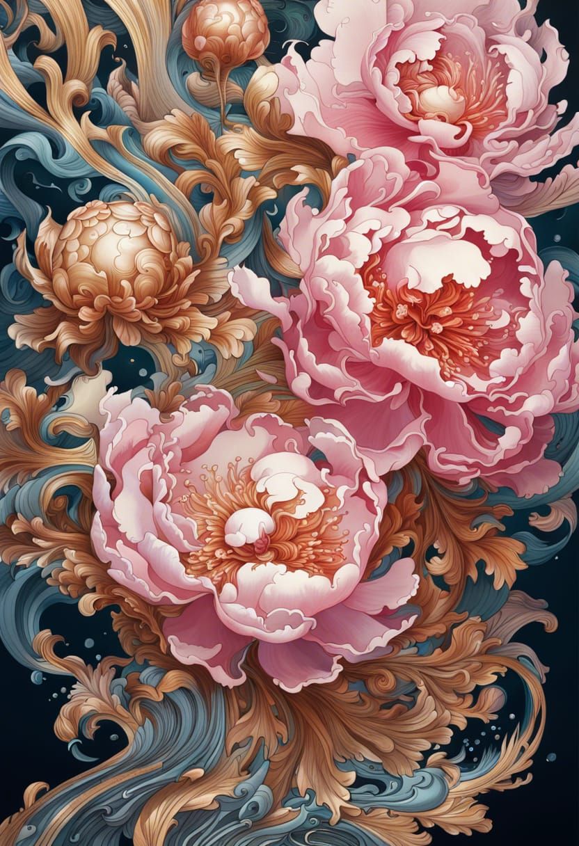 Peonies in Glassy Liquid: Intricate Floral Ink Illustration